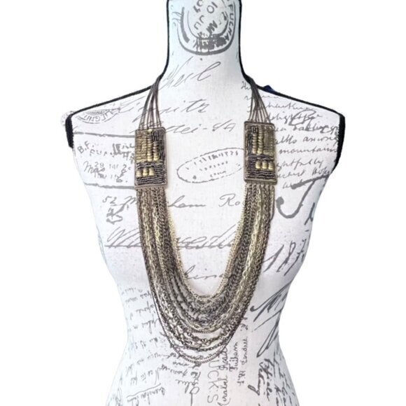 Vintage Multi Strand Chain Necklace Bold Beaded Statement Rectangles Bronze Gold - Picture 1 of 9